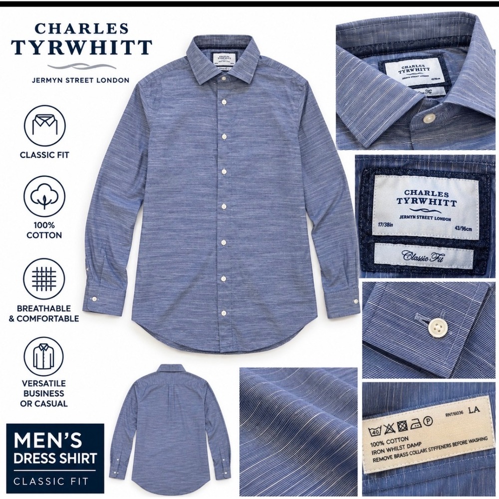 Charles Tyrwhitt Mens Classic Fit Blue White Stripe Cotton Dress Shirt 17/38in